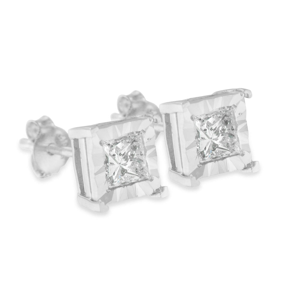 .925 Sterling Silver Miracle Set Princess-cut Diamond Solitaire Stud Earrings (H-I Color, I1-I2 Clarity)