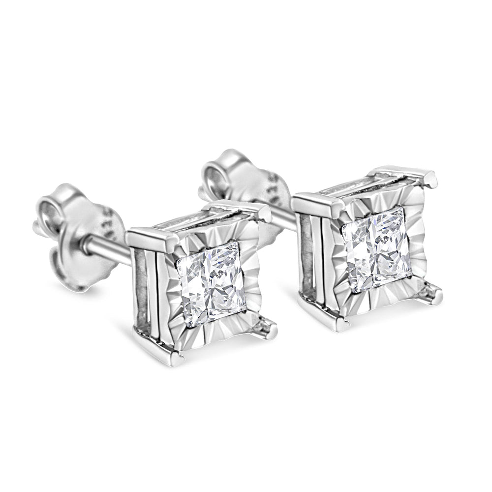 .925 Sterling Silver Miracle Set Princess-cut Diamond Solitaire Stud Earrings (H-I Color, I1-I2 Clarity)