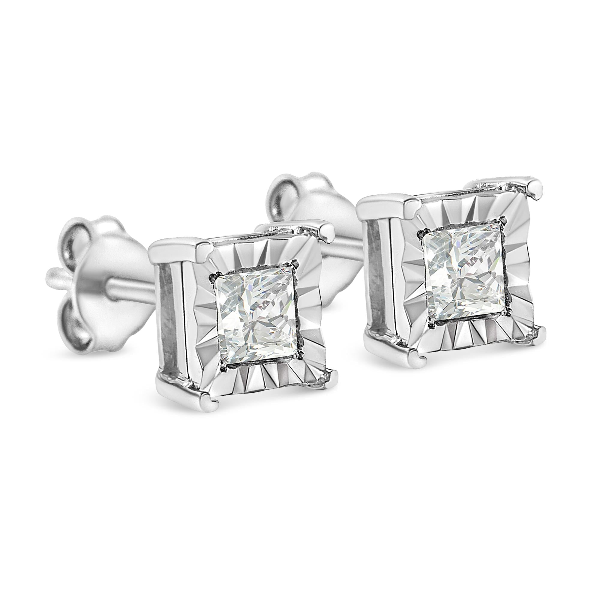 .925 Sterling Silver Miracle Set Princess-Cut Diamond Solitaire Stud Earrings (I-J Color, SI1-SI2 Clarity)