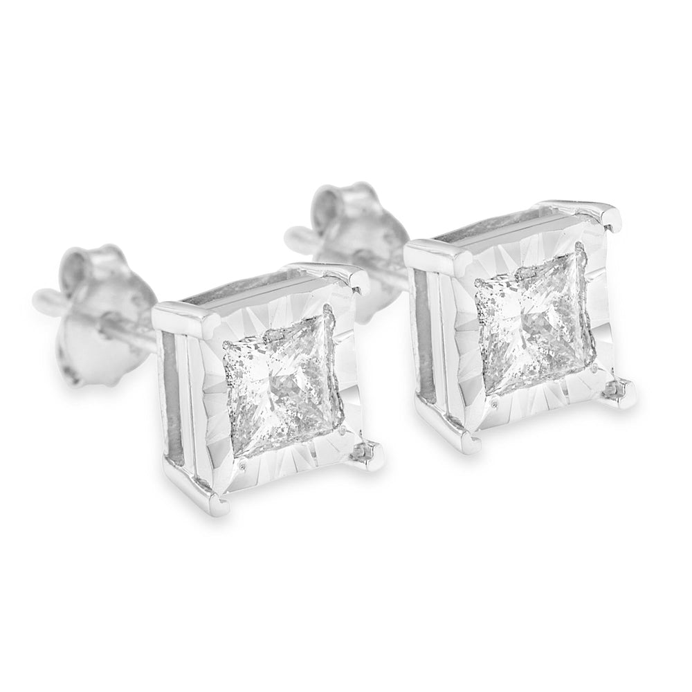 .925 Sterling Silver Miracle Set Princess-cut Diamond Solitaire Stud Earrings (H-I Color, I1-I2 Clarity)
