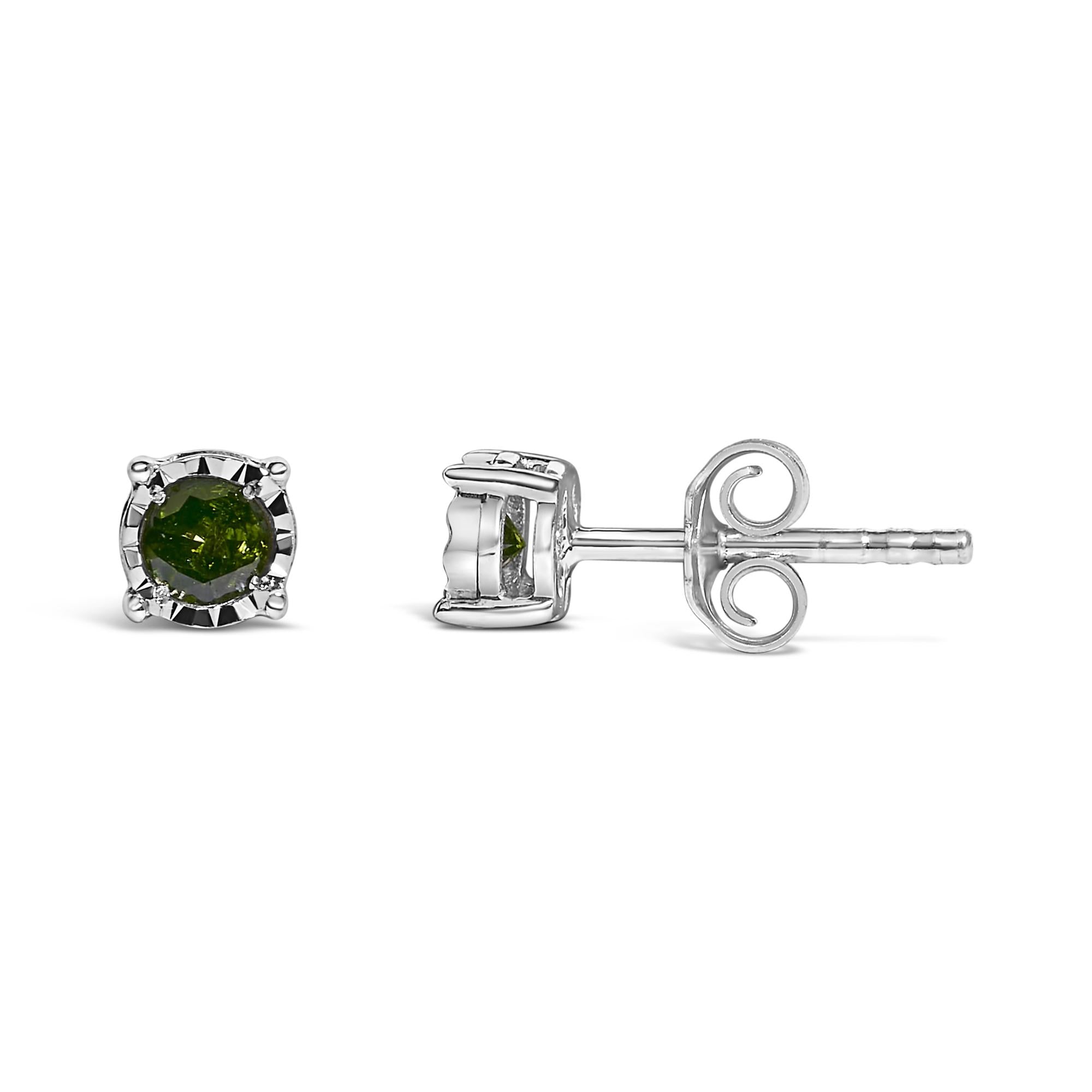 Sterling Silver Rose Cut Treated Green Diamond Solitaire Stud Earrings (0.25 cttw, Green Color, I2-I3 Clarity)