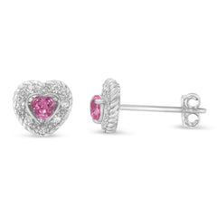 .925 Sterling Silver, Created Pink Sapphire, & Diamond-Accented 5/8" Heart-Shaped Rope Stud Earrings (I-J Color, I2-I3 Clarity)