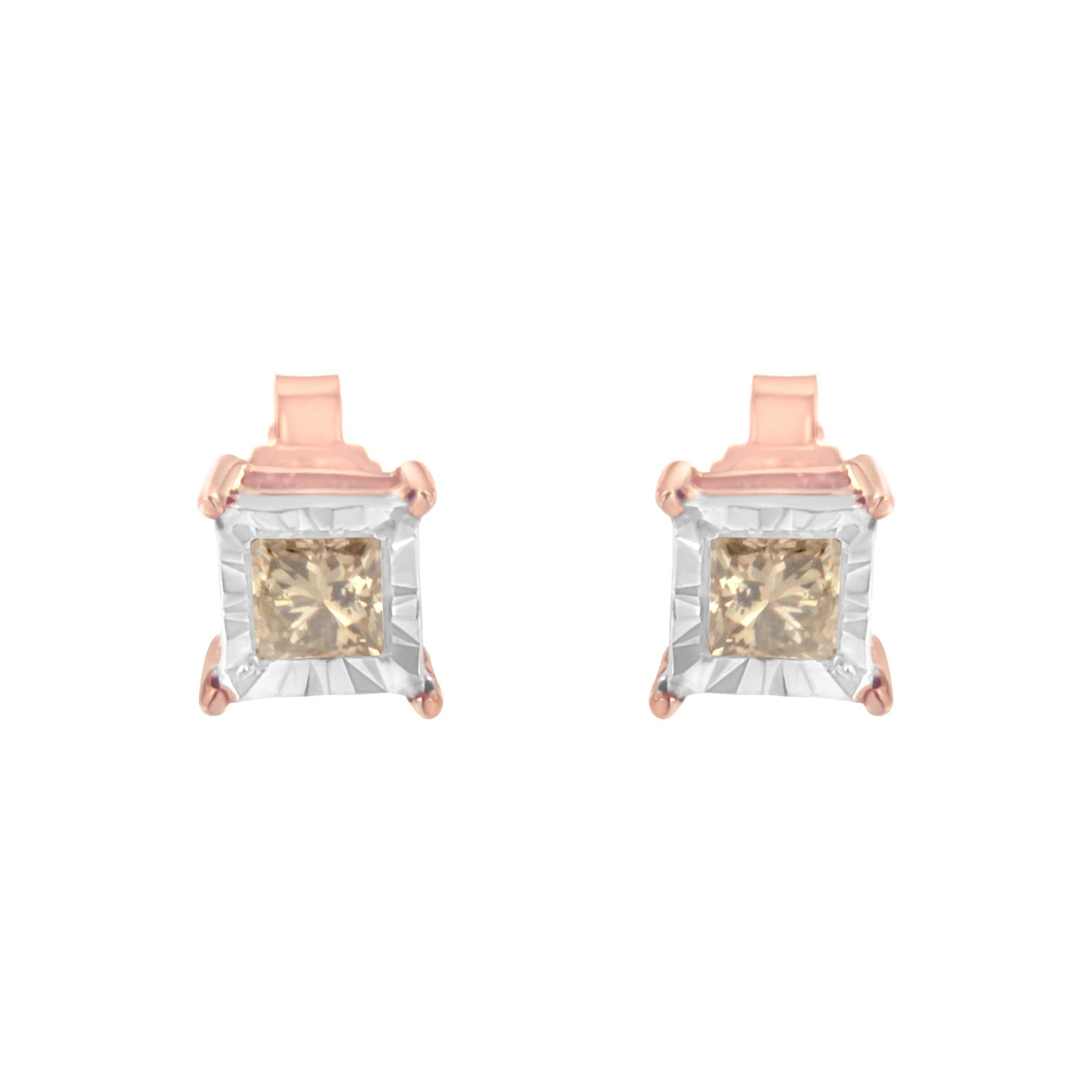 14K Rose Gold Plated Two-Tone .925 Sterling Silver 1/2 Cttw Princess-Cut Square Diamond Solitaire Miracle-Plate Stud Earrings (K-L Color, I2-I3 Clarity)