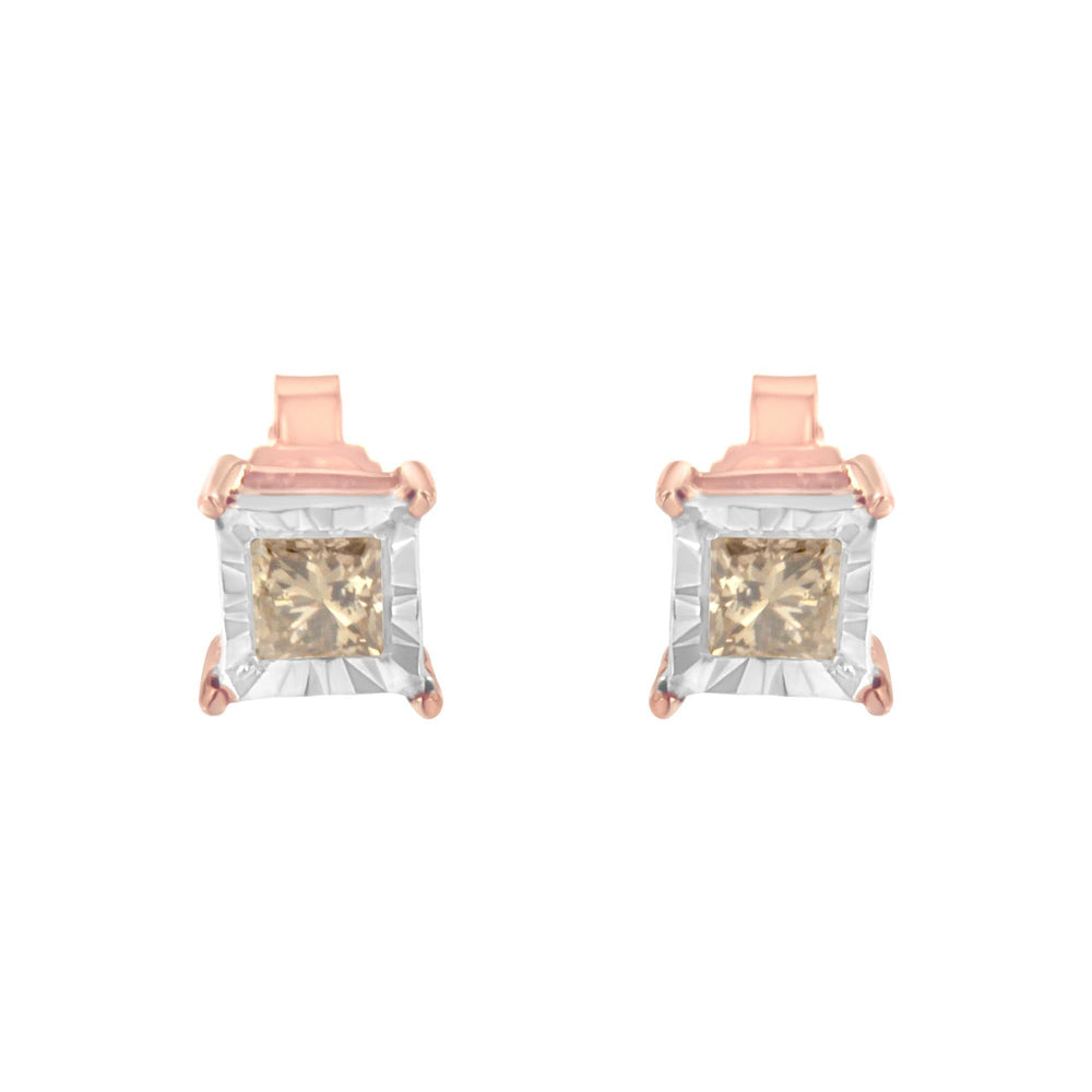 14K Rose Gold Plated Two-Tone .925 Sterling Silver 1/2 Cttw Princess-Cut Square Diamond Solitaire Miracle-Plate Stud Earrings (K-L Color, I2-I3 Clarity)