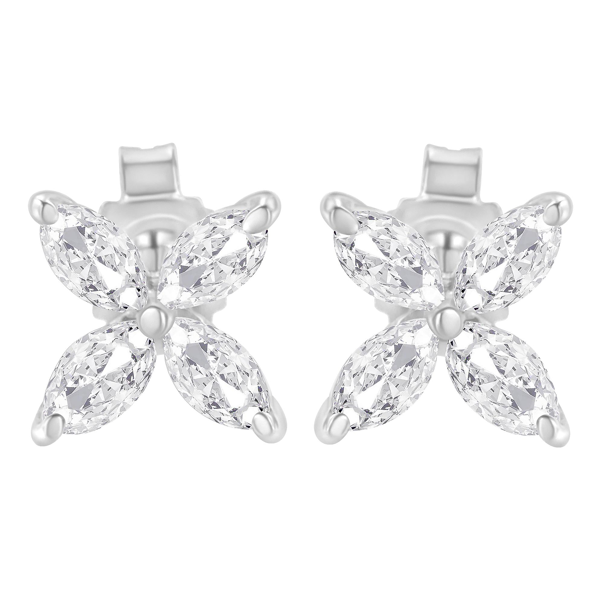 14K Gold Marquise Diamond 8 Stone Floral Leaf Stud Earrings (I-J Color, SI2-I1 Clarity)
