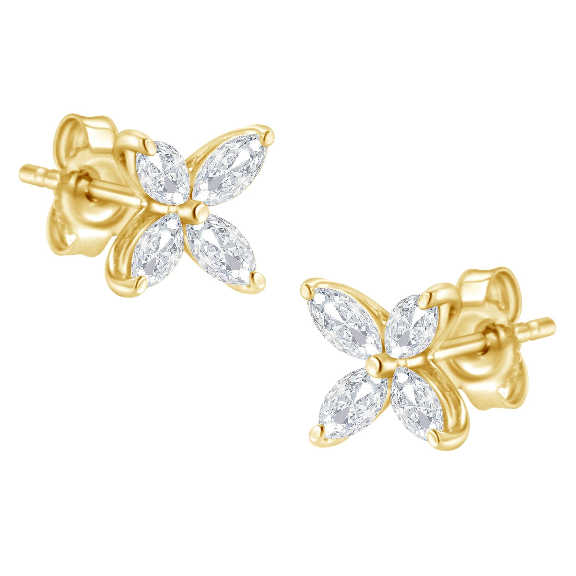 14K Gold Marquise Diamond 8 Stone Floral Leaf Stud Earrings (I-J Color, SI2-I1 Clarity)