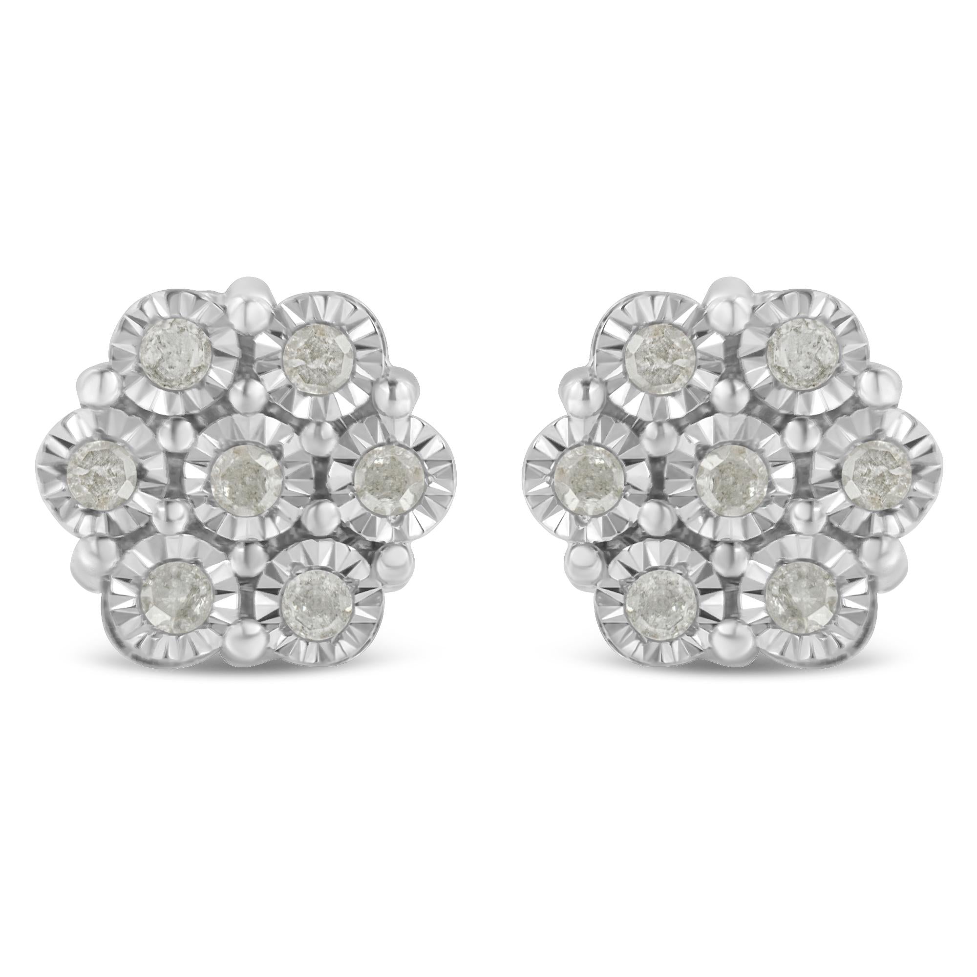 .925 Sterling Silver 1/2 Cttw Round-Cut Diamond Miracle-Set Floral Cluster Button Stud Earrings (I-J Color, I2-I3 Clarity)