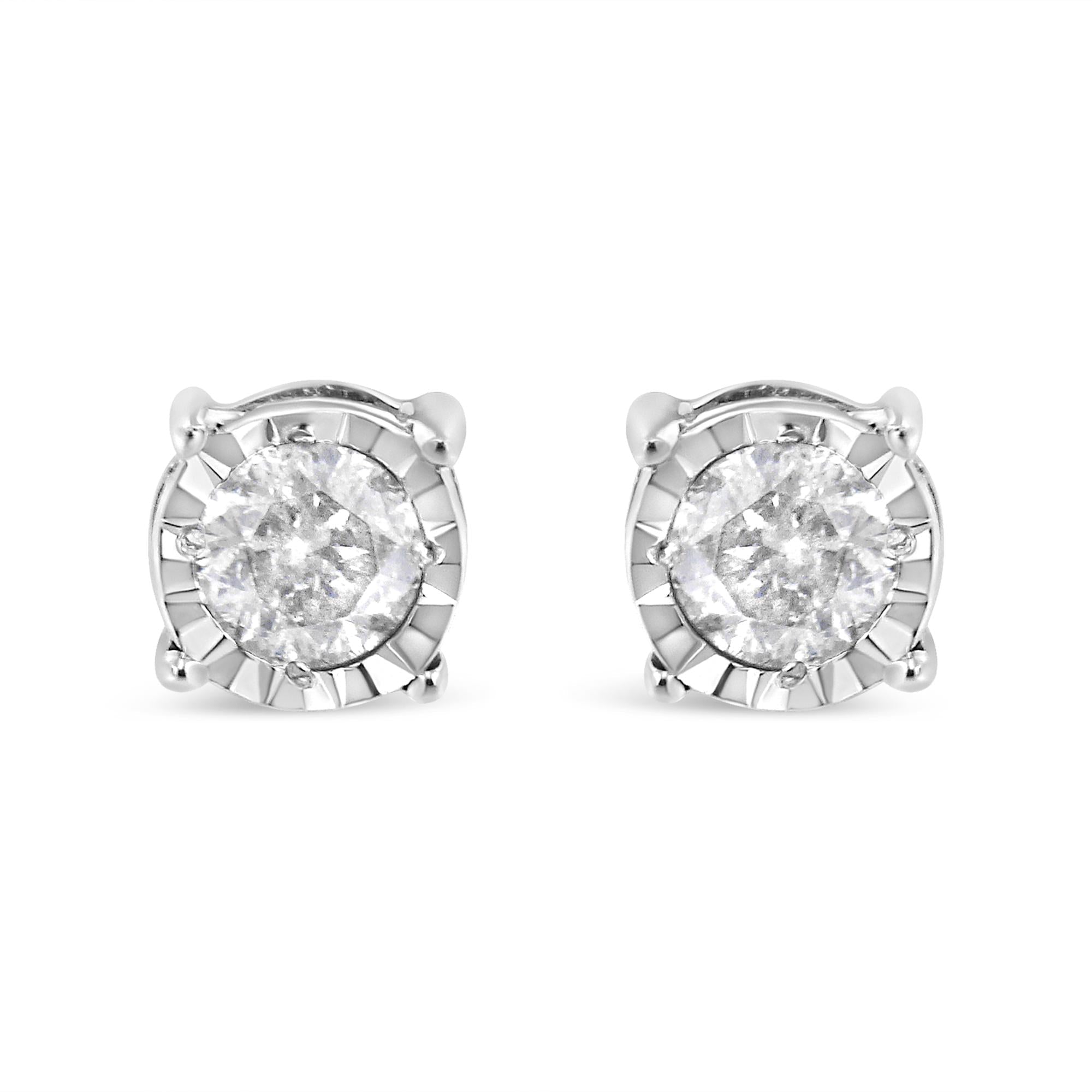 .925 Sterling Silver 3/8 Cttw Miracle-Set Round Brilliant Cut Diamond Solitaire Stud Earrings (K-L Color, I2-I3 Clarity)