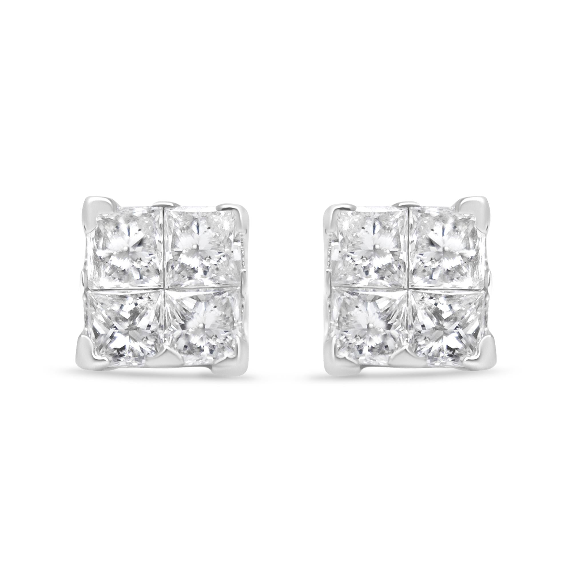14K White Gold 1/2 Cttw Invisible-Set Princess Diamond Quad Cluster Stud Earrings (H-I Color, SI1-SI2 Clarity)