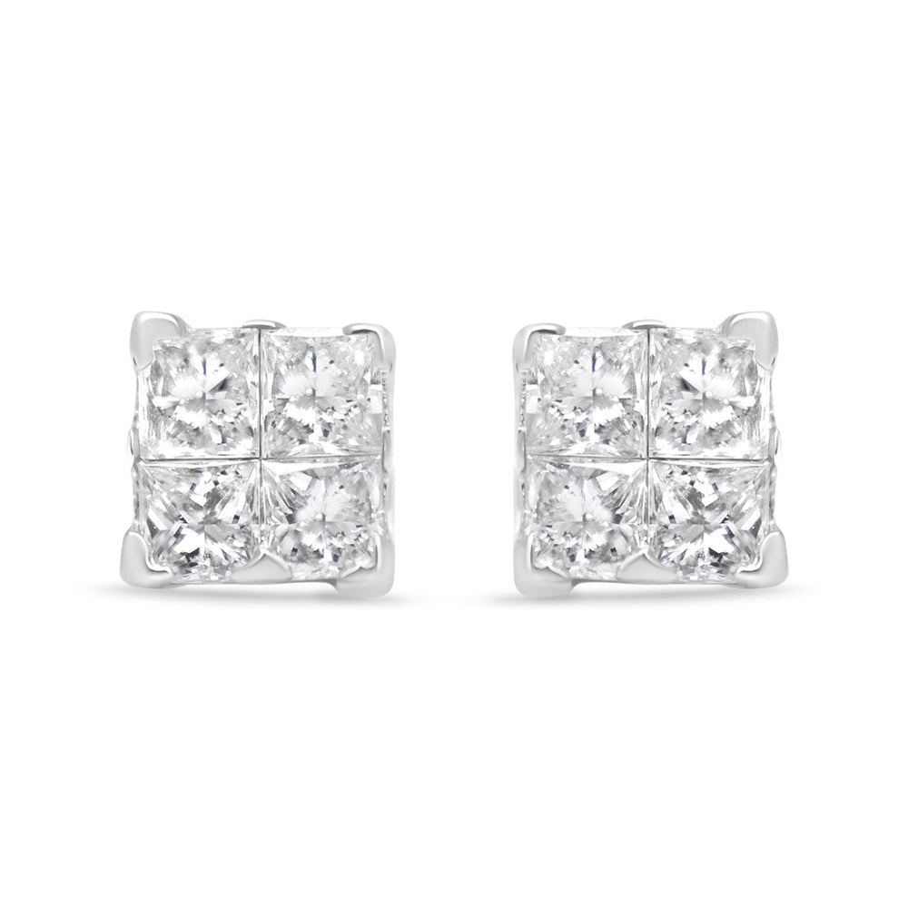 14K White Gold 1/2 Cttw Invisible-Set Princess Diamond Quad Cluster Stud Earrings (H-I Color, SI1-SI2 Clarity)