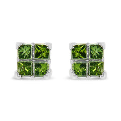 .925 Sterling Silver Treated Green Princess-cut Diamond 4 Stone Composite Quad Stud Earring (Green Color, I1-I2 Clarity)