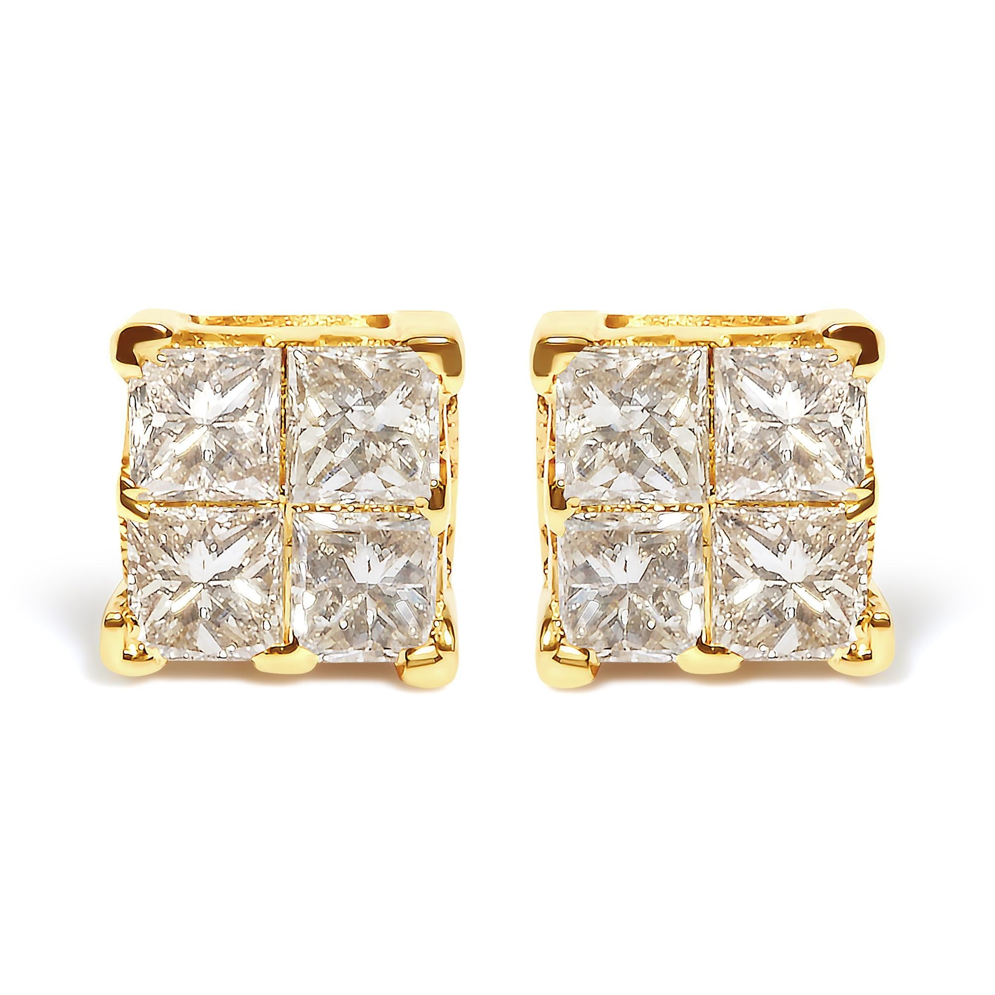 14K Yellow Gold 3/4 Cttw Invisible Set Princess-Cut Diamond 4 Stone Square Stud Earrings (J-K Color, SI2-I1 Clarity)