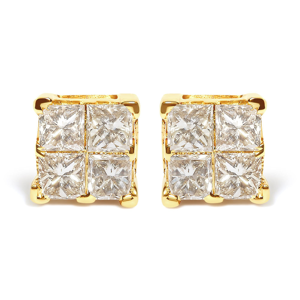 14K Yellow Gold 3/4 Cttw Invisible Set Princess-Cut Diamond 4 Stone Square Stud Earrings (J-K Color, SI2-I1 Clarity)