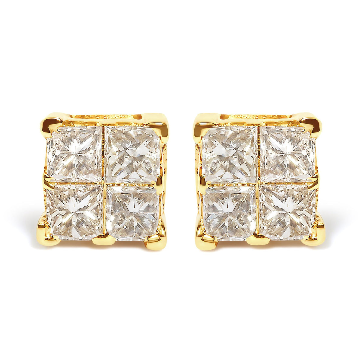 14K Yellow Gold 3/4 Cttw Invisible Set Princess-Cut Diamond 4 Stone Square Stud Earrings (J-K Color, SI2-I1 Clarity)