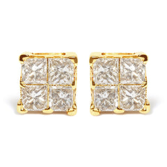 14K Yellow Gold 3/4 Cttw Invisible Set Princess-Cut Diamond 4 Stone Square Stud Earrings (J-K Color, SI2-I1 Clarity)