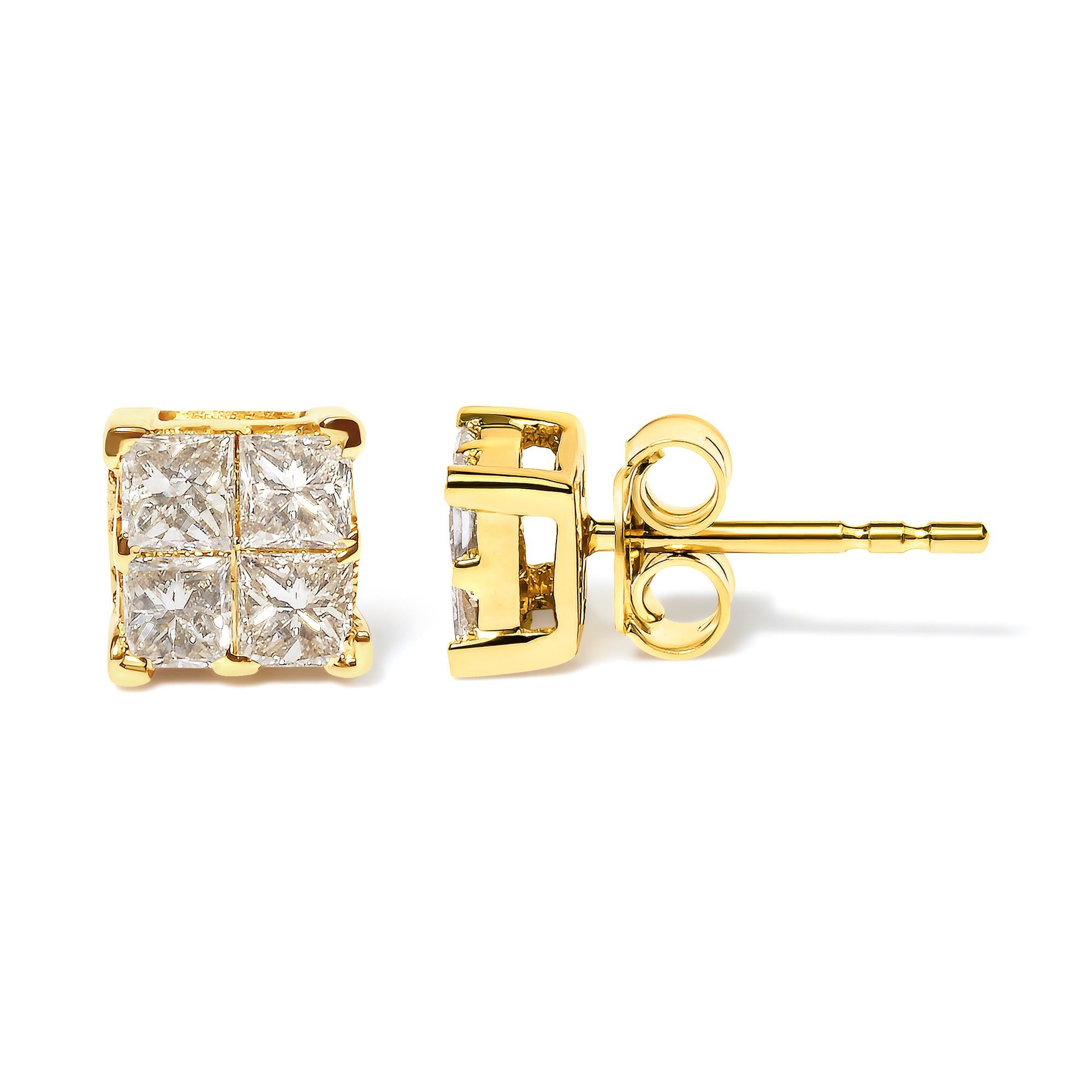 10K Yellow Gold 3/4 Cttw Invisible Set Princess-Cut Diamond Composite Square Stud Earrings (I-J Color, I2-I3 Clarity)