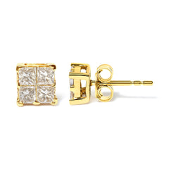 10K Yellow Gold 3/4 Cttw Invisible Set Princess-Cut Diamond Composite Square Stud Earrings (I-J Color, I2-I3 Clarity)