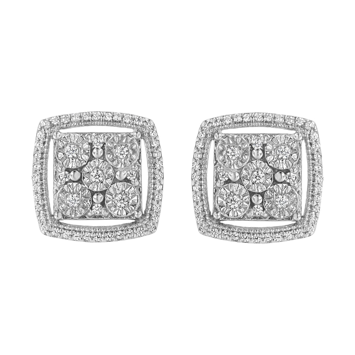 .925 Sterling Silver 3/8 Cttw Miracle Set Round Diamond Double Halo Cluster Earrings (I-J Color, I2-I3 Clarity)