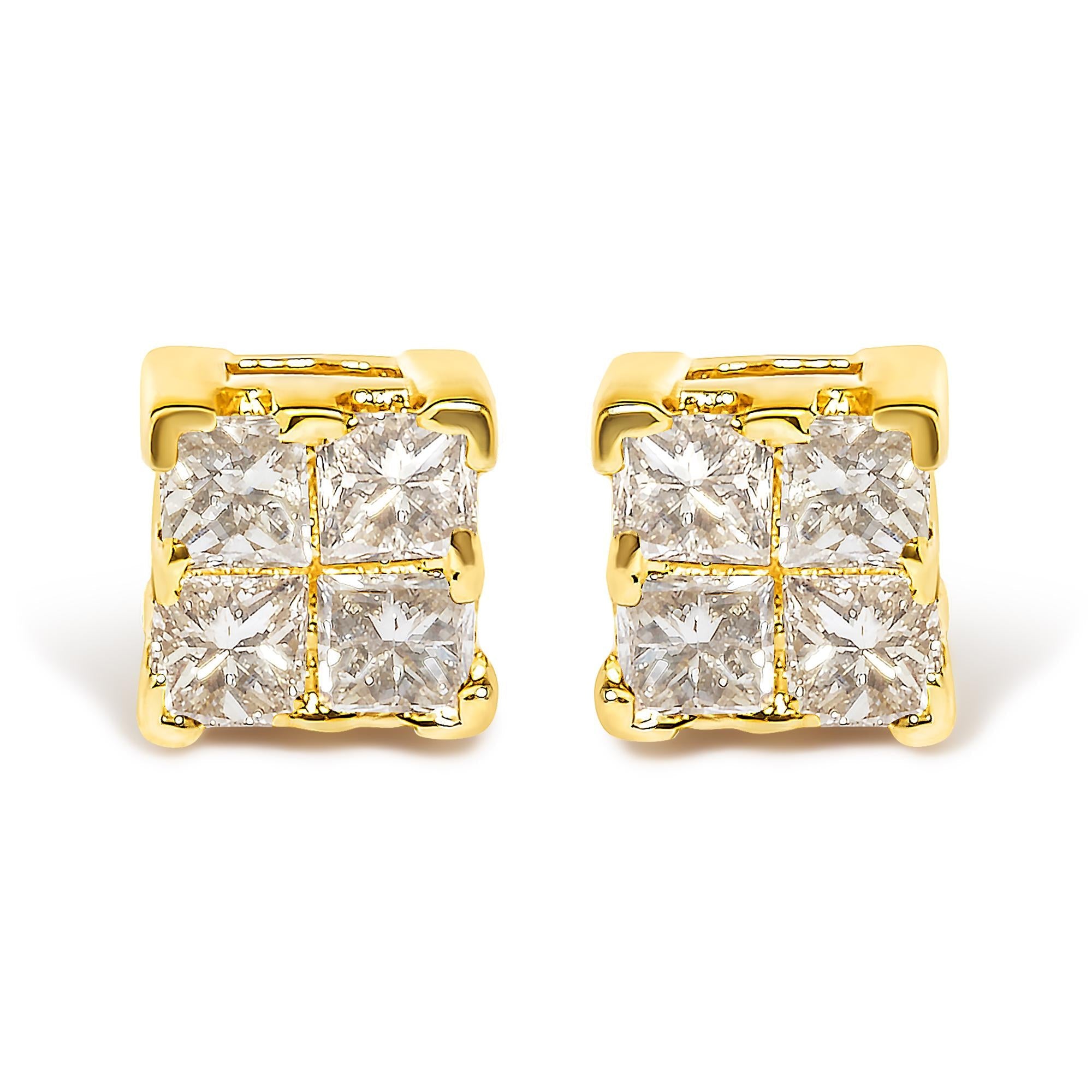 14K Yellow Gold 1/4 Cttw Invisible Set Princess-Cut Diamond Square Stud Earring (J-K Color, I1-I2 Clarity)