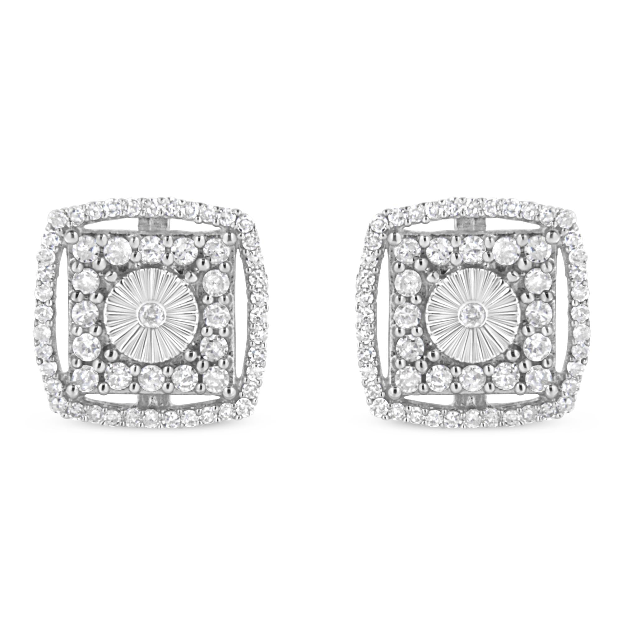 .925 Sterling Silver 1.0 Cttw Round Diamond Double Halo and Disc Stud Earring (I-J Color, I2-I3 Clarity)