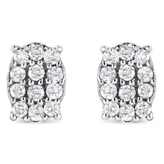 .925 Sterling Silver 1/4 Cttw Round Diamond Oval Shaped Cluster Stud Earrings (I-J Color, I2-I3 Clarity)