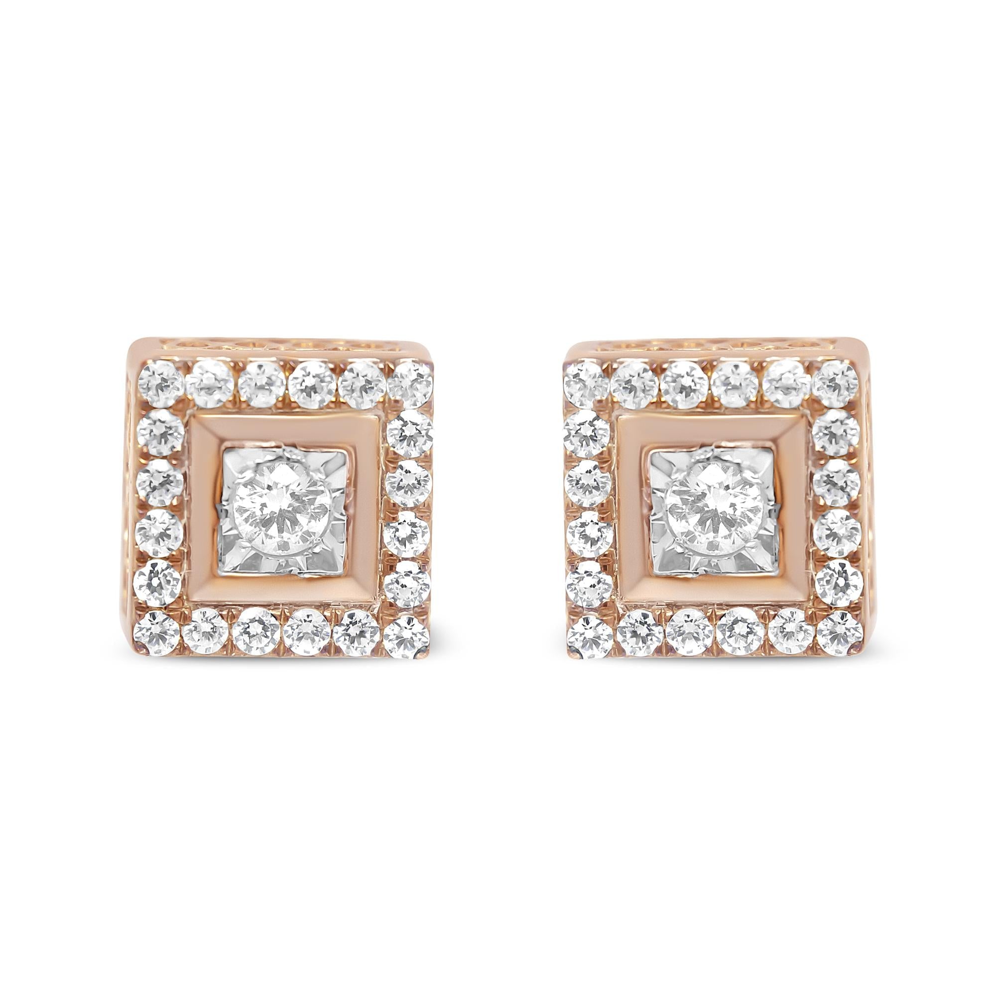 14K Rose Gold Plated .925 Sterling Silver 1/2 Cttw Diamond Halo Square-Shaped Frame Stud Earring (I-J Color, I3 Clarity)