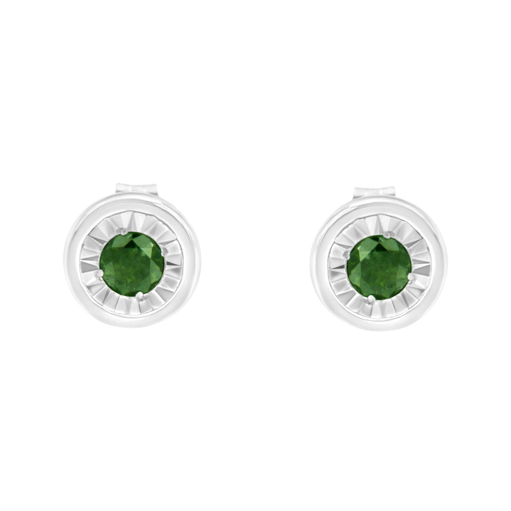 .925 Sterling Silver 1/4 Cttw Round Brilliant-Cut Green Diamond Miracle-Set Stud Earrings (Fancy Color-Enhanced, I1-I2 Clarity)