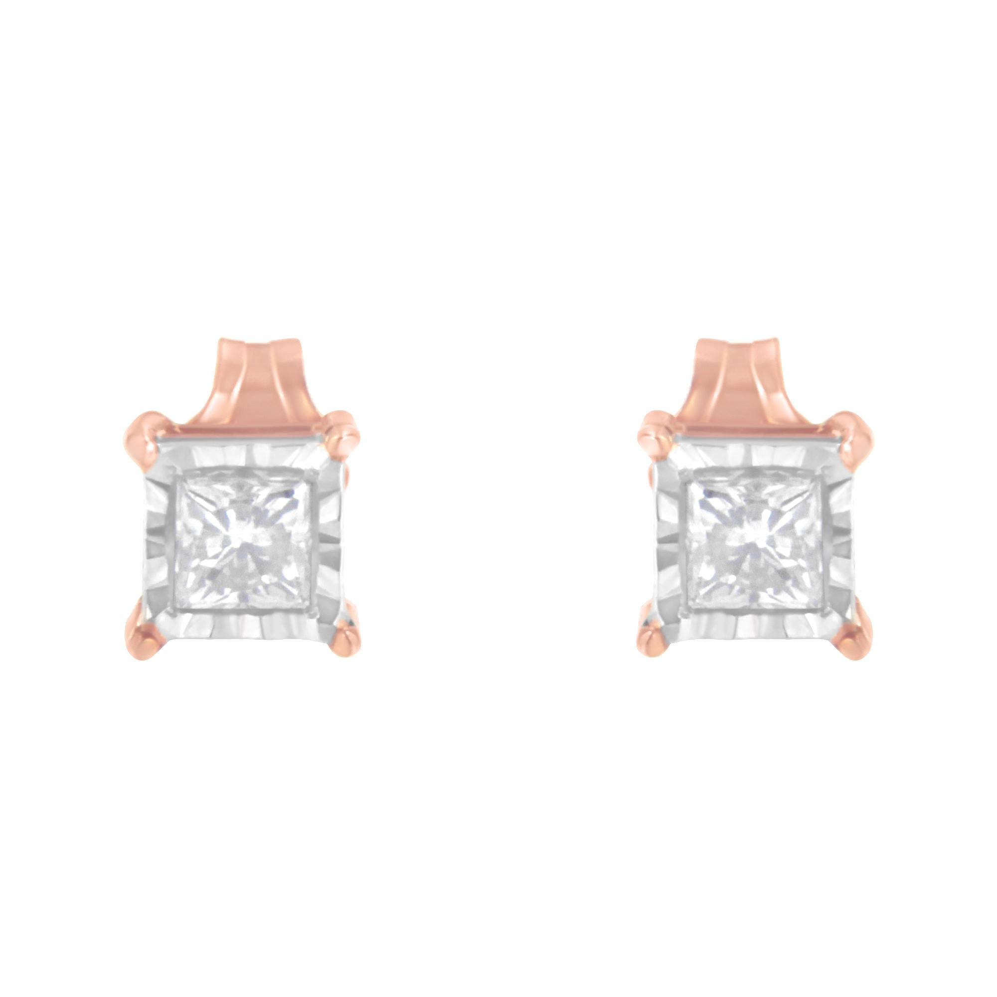 14K Rose Gold Plated Two-Tone .925 Sterling Silver 1/2 Cttw Princess-Cut Square Near Colorless Diamond Solitaire Miracle-Plate Stud Earrings (J-K Color, I2-I3 Clarity)