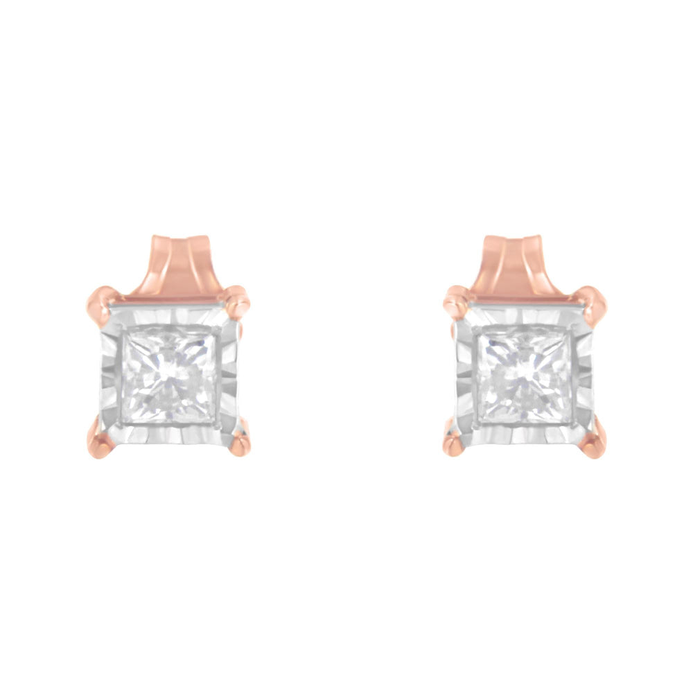 14K Rose Gold Plated Two-Tone .925 Sterling Silver 1/2 Cttw Princess-Cut Square Near Colorless Diamond Solitaire Miracle-Plate Stud Earrings (J-K Color, I2-I3 Clarity)