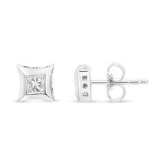 Sterling Silver 1/3 Cttw Princess Cut Diamond Square Stud Earrings