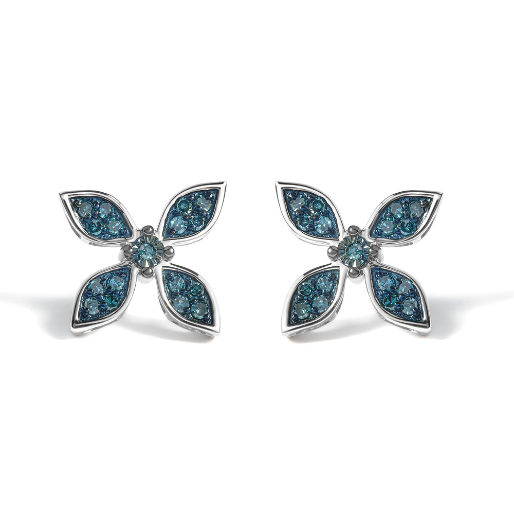 .925 Sterling Silver 1/3 Cttw Blue Diamond Floral Earrings