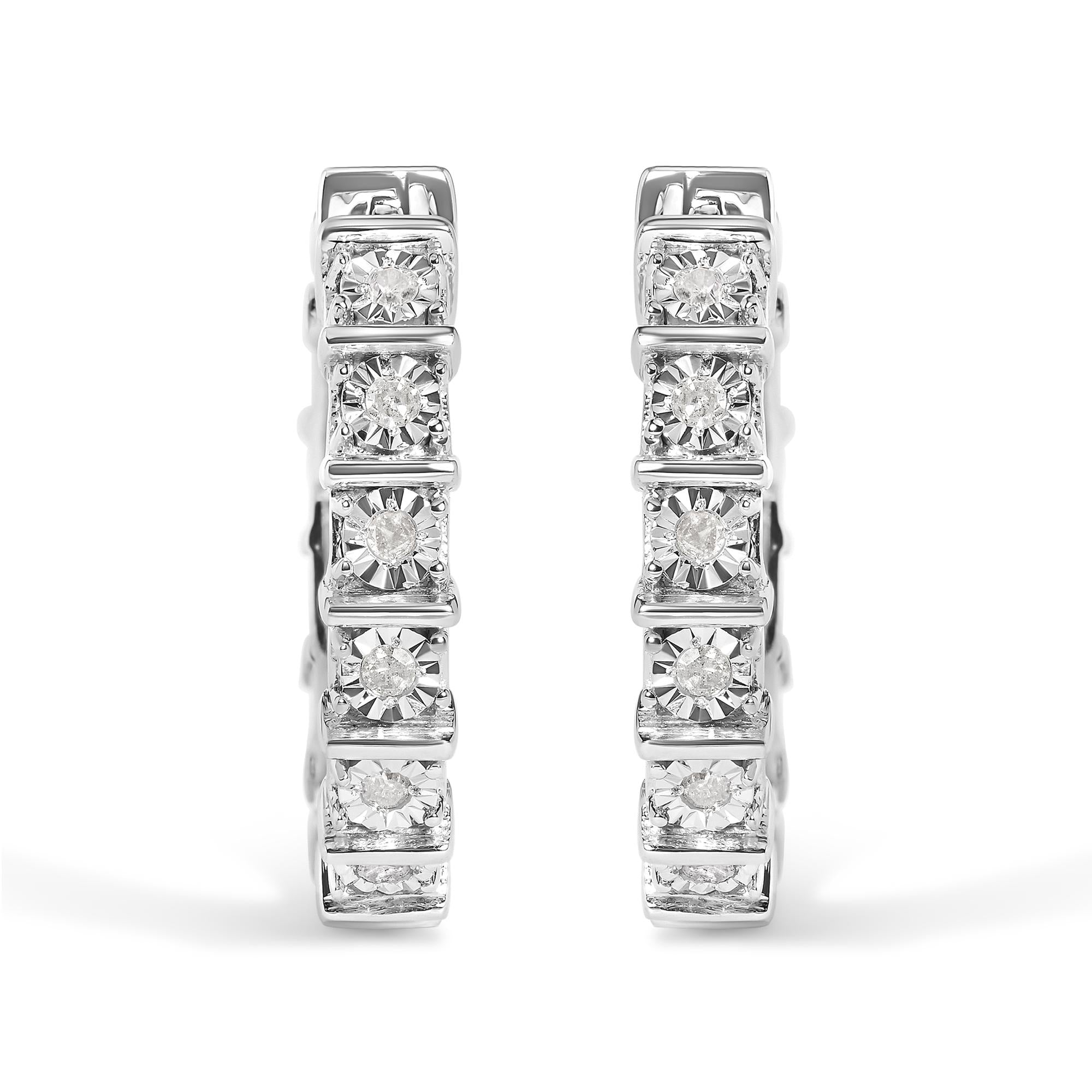 .925 Sterling Silver 1/2 Cttw Diamond Bar and Plate Eternity Hoop Earrings (I-J Color, I3 Clarity)