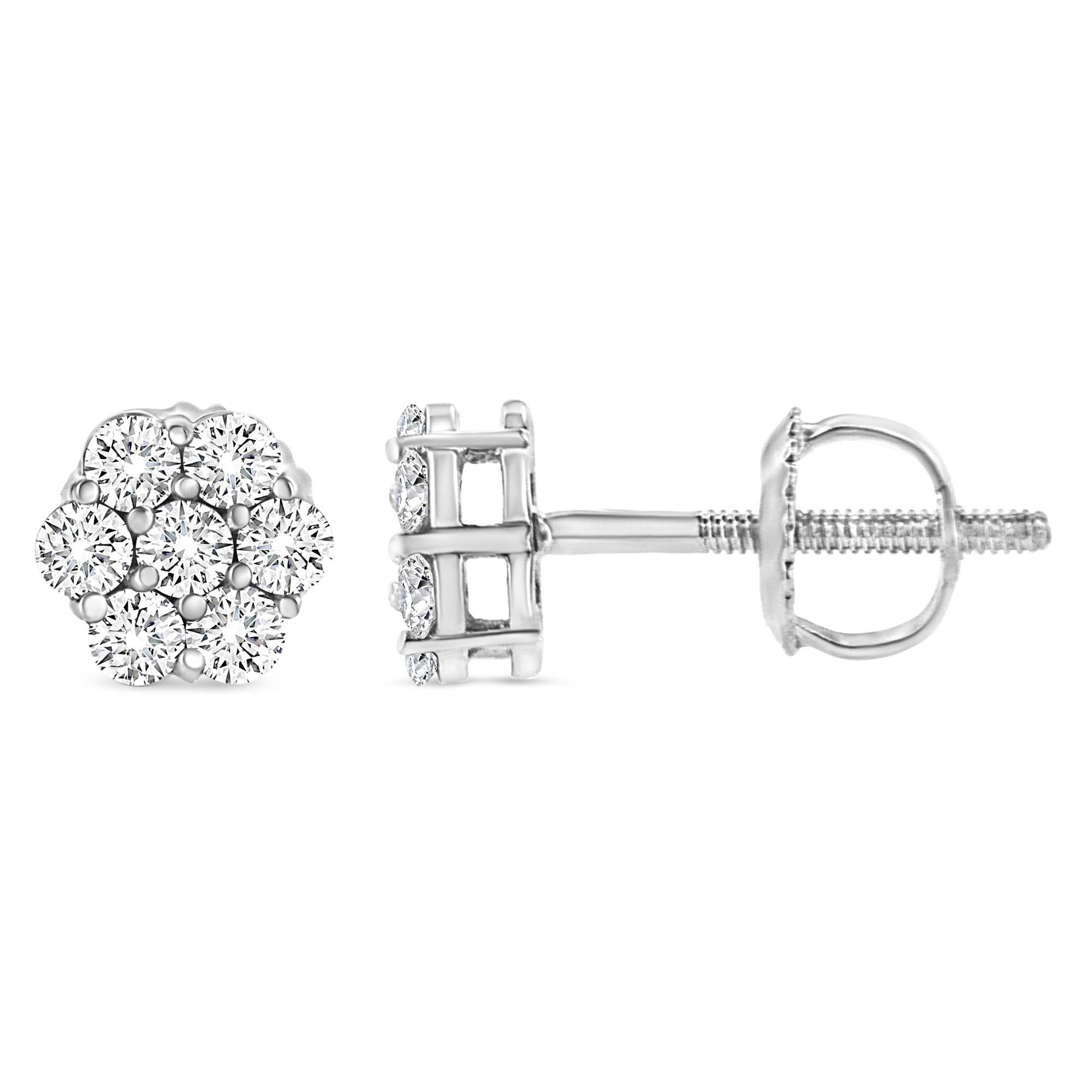 14K White Gold 1/3 Cttw Floral Cluster Diamond Stud Earrings with Screw backs (I-J Color, SI2-I1 Clarity	)