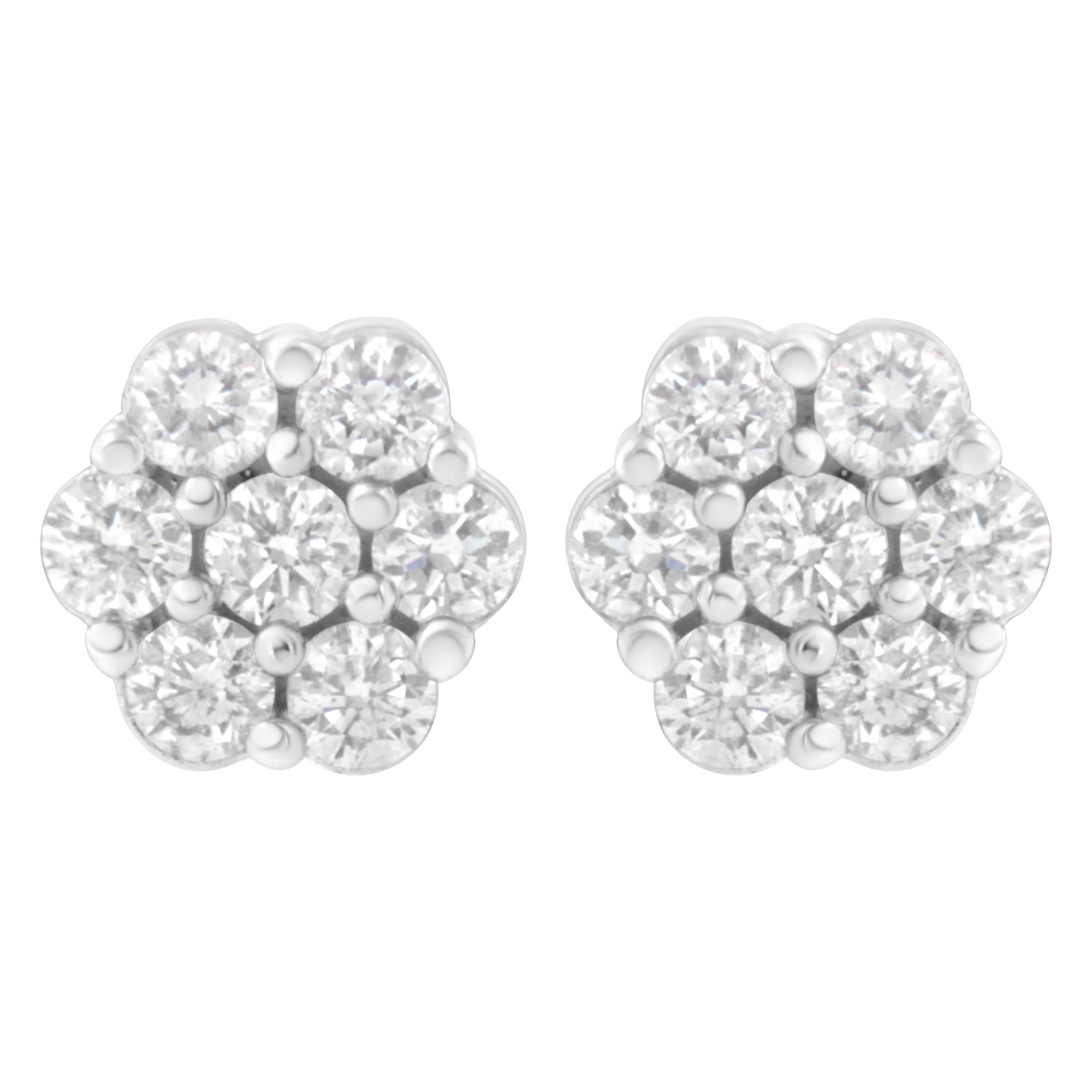 14K White Gold 7 Stone Floral Cluster Round Brilliant Cut Diamond Stud Earrings with Screw Backs(I-J, SI2-I1)