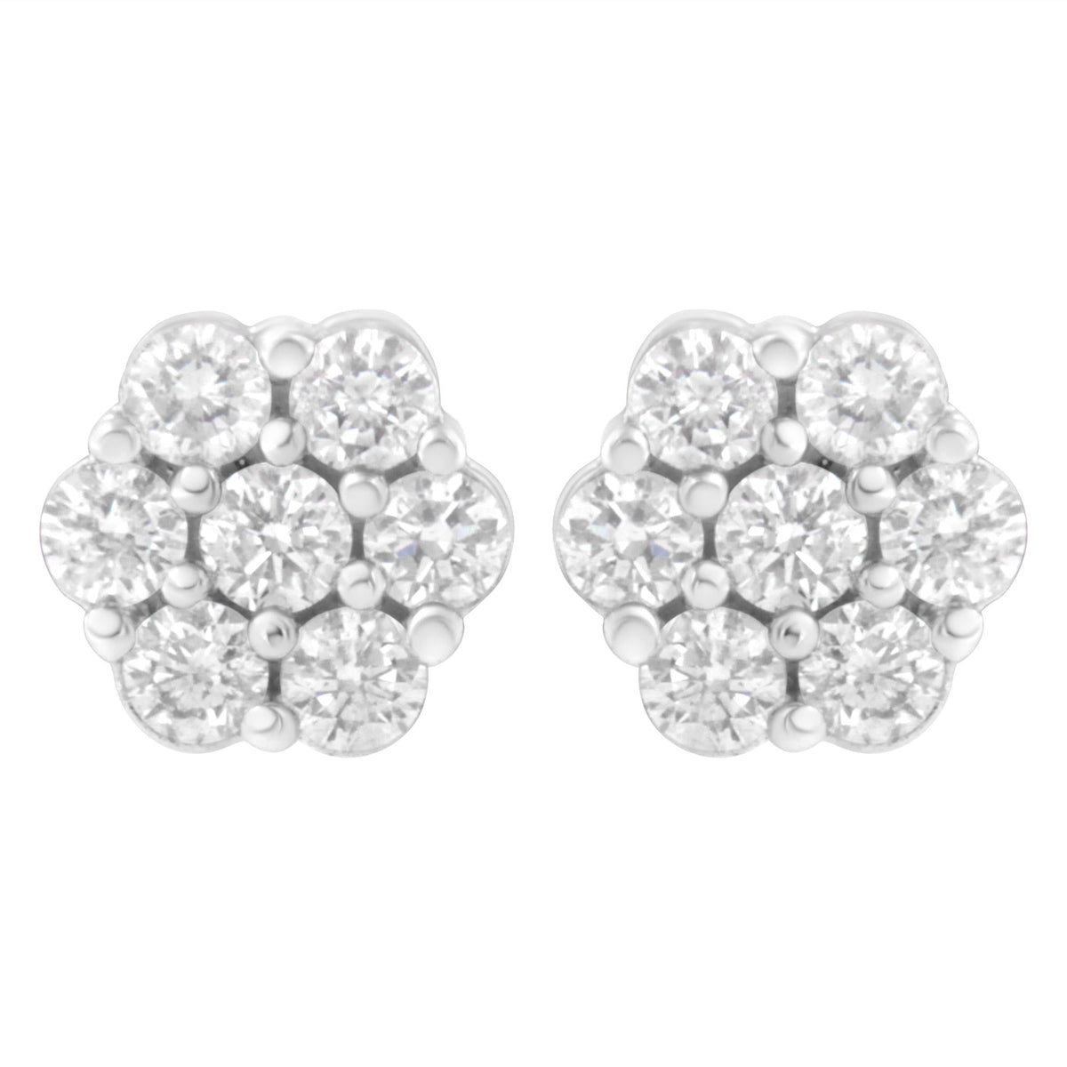 14K White Gold 7 Stone Floral Cluster Round Brilliant Cut Diamond Stud Earrings with Screw Backs(I-J, SI2-I1)
