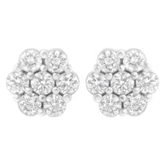14K White Gold 7 Stone Floral Cluster Round Brilliant Cut Diamond Stud Earrings with Screw Backs(I-J, SI2-I1)