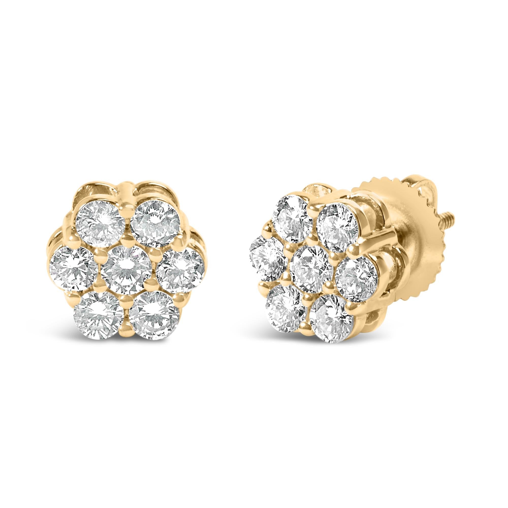 14K White Gold 7 Stone Floral Cluster Round Brilliant Cut Diamond Stud Earrings with Screw Backs(I-J, SI2-I1)