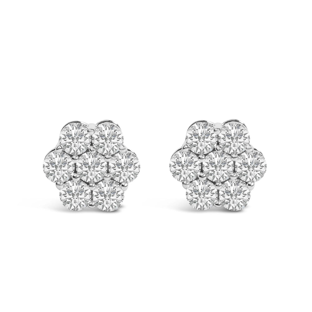 14K White Gold 7 Stone Floral Cluster Round Brilliant Cut Diamond Stud Earrings with Screw Backs(I-J, SI2-I1)