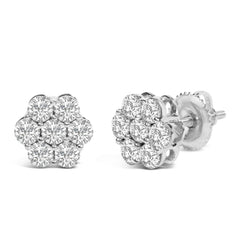 14K White Gold 7 Stone Floral Cluster Round Brilliant Cut Diamond Stud Earrings with Screw Backs(I-J, SI2-I1)