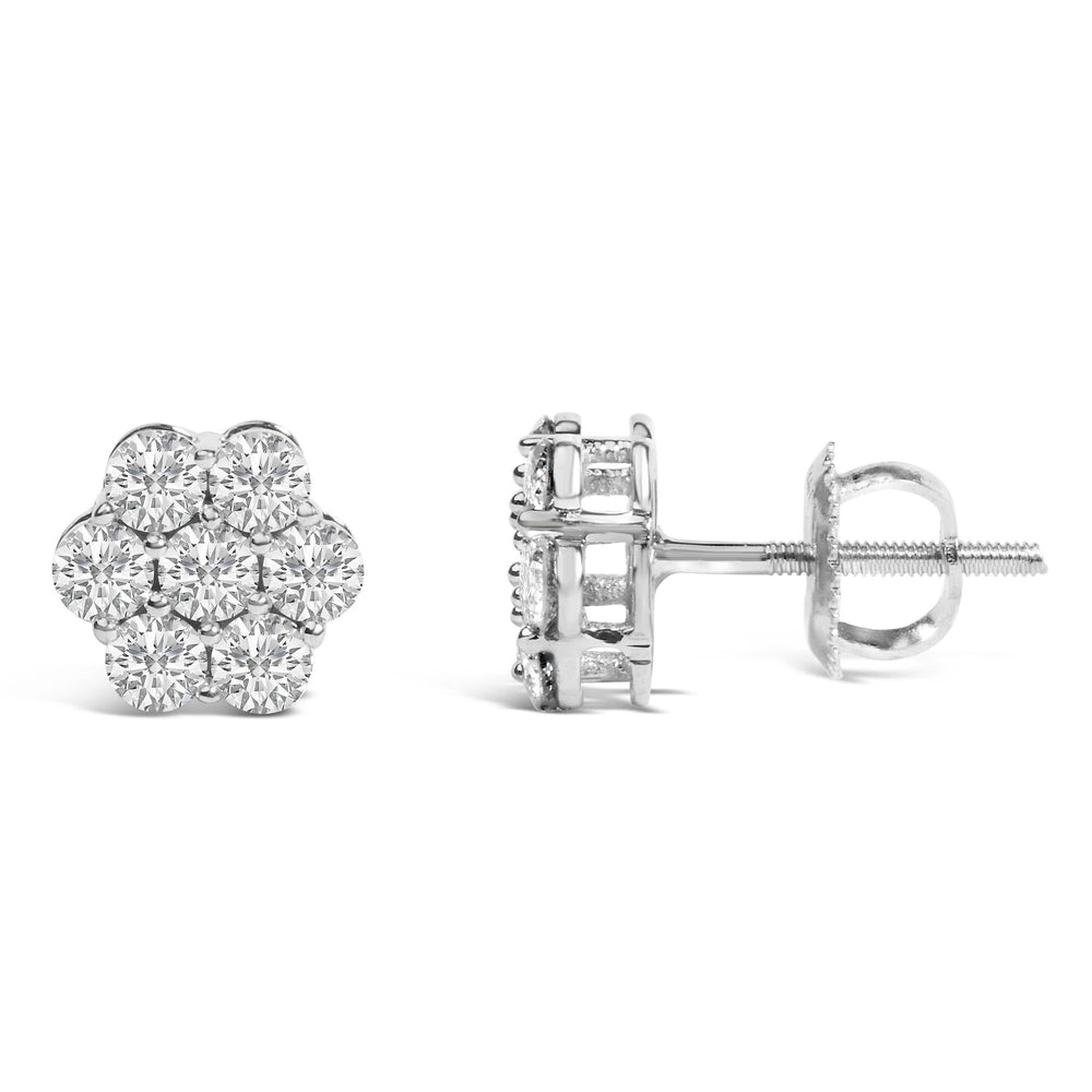 14K White Gold 7 Stone Floral Cluster Round Brilliant Cut Diamond Stud Earrings with Screw Backs(I-J, SI2-I1)