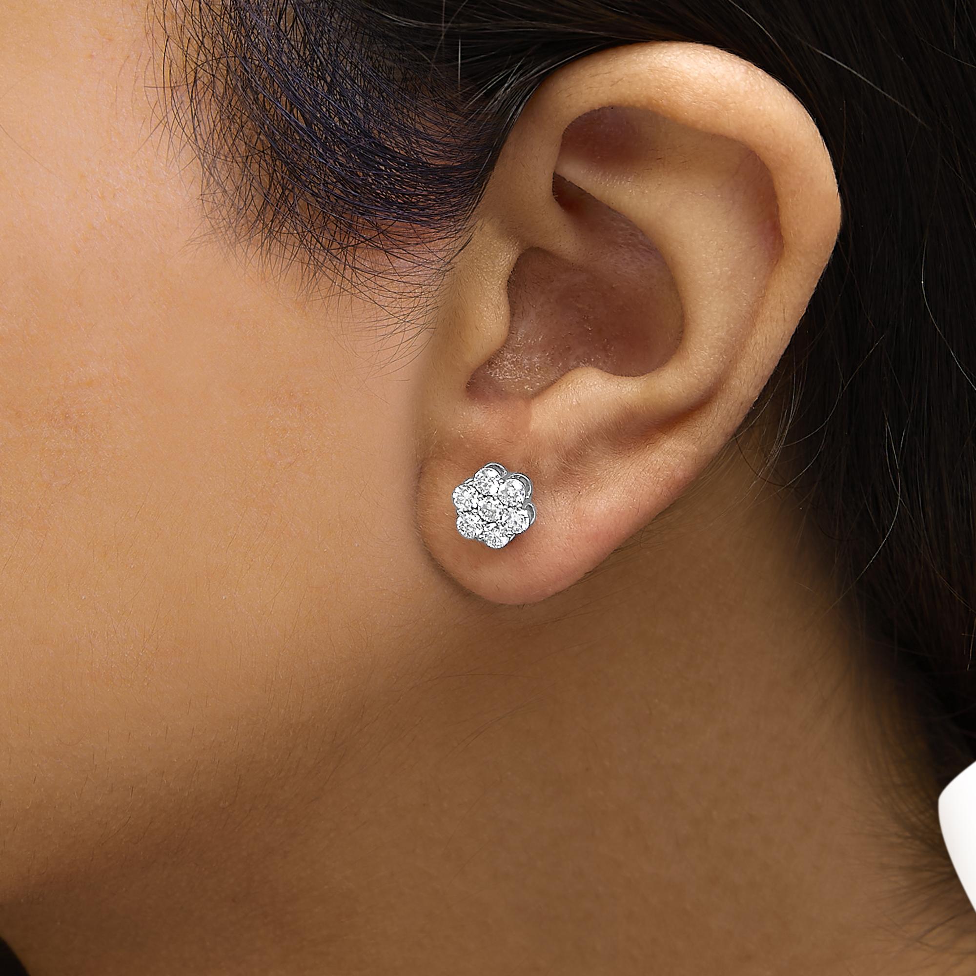 14K White Gold 7 Stone Floral Cluster Round Brilliant Cut Diamond Stud Earrings with Screw Backs(I-J, SI2-I1)