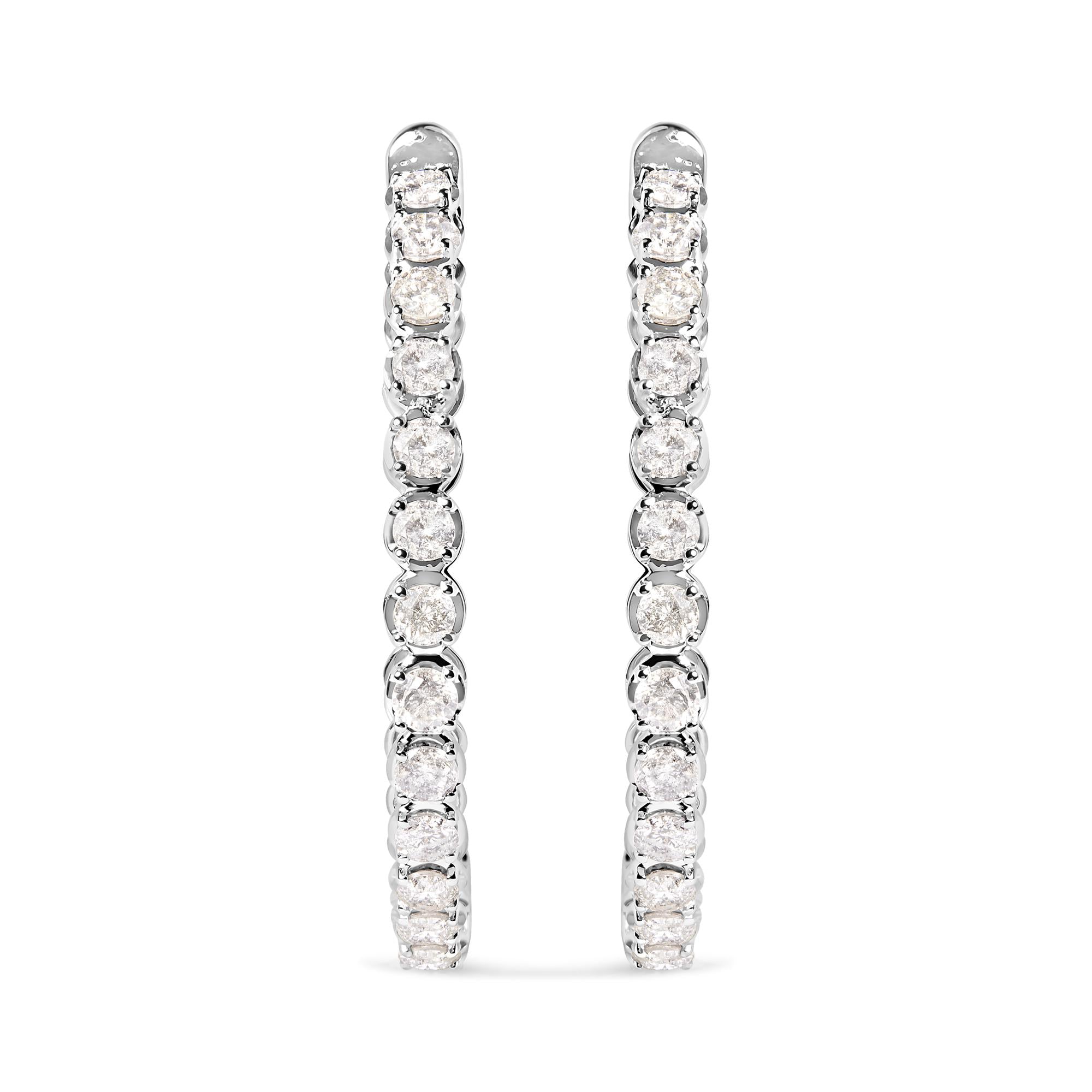 14K White Gold 7.0 Cttw Diamond 1-¾ Inside Out Hinged Leverback Hoop Earrings (I-J Color, I2-I3 Clarity)