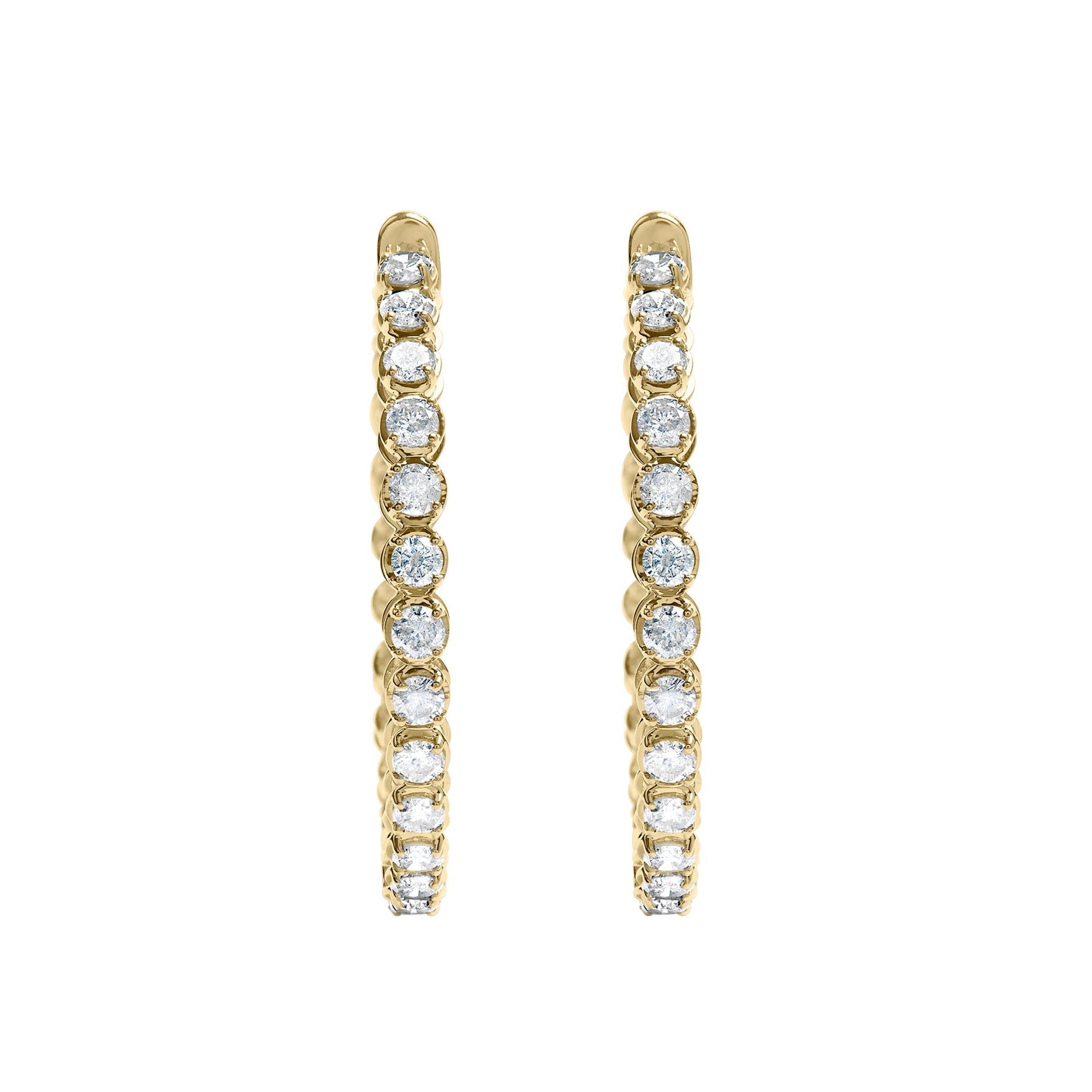 14K Yellow Gold 7.0 Cttw Round Brilliant Cut Diamond 1-¾ Inside Out Hinged Leverback Hoop Earrings (I-J Color, I1-I2 Clarity)
