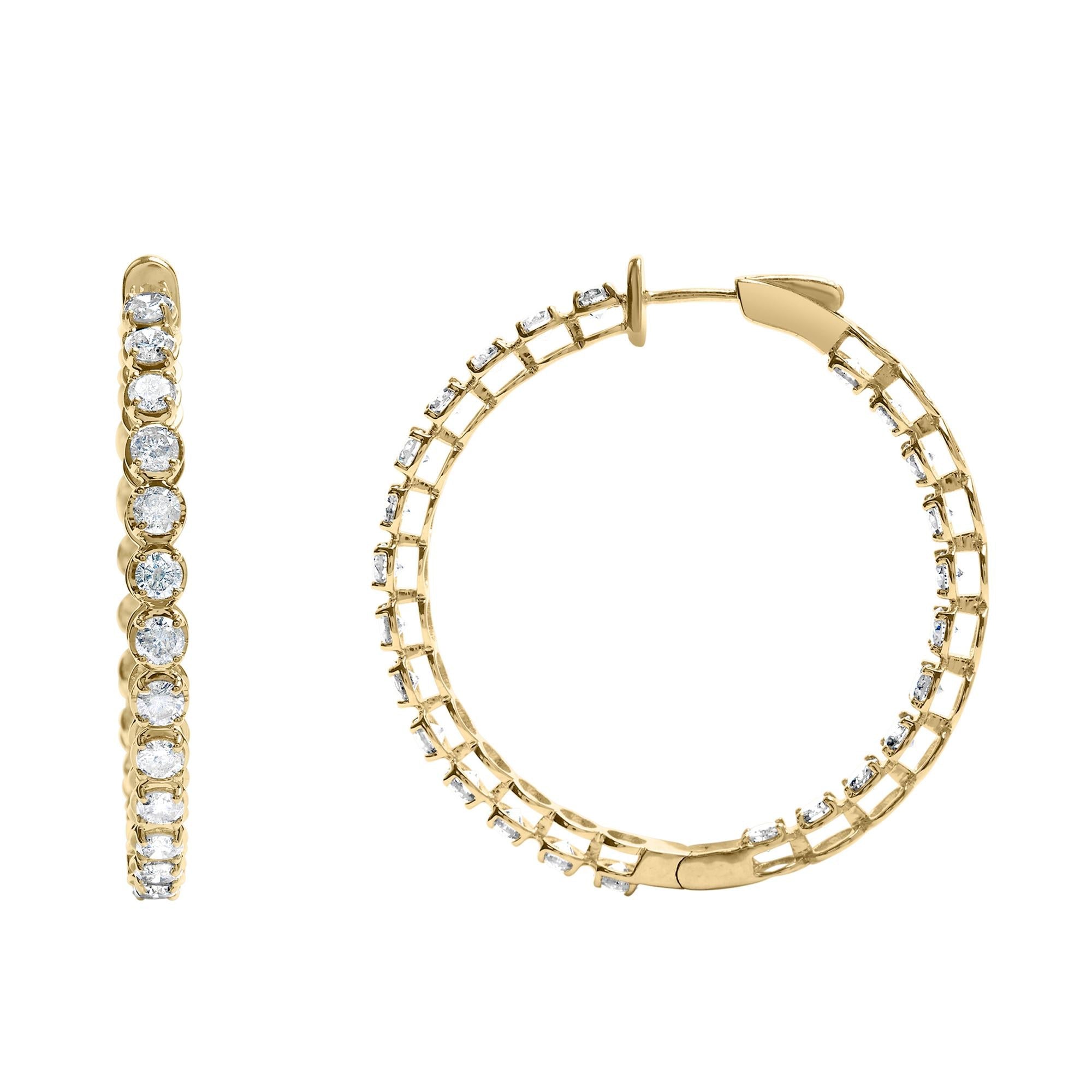 14K Yellow Gold 7.0 Cttw Round Brilliant Cut Diamond 1-¾ Inside Out Hinged Leverback Hoop Earrings (I-J Color, I1-I2 Clarity)
