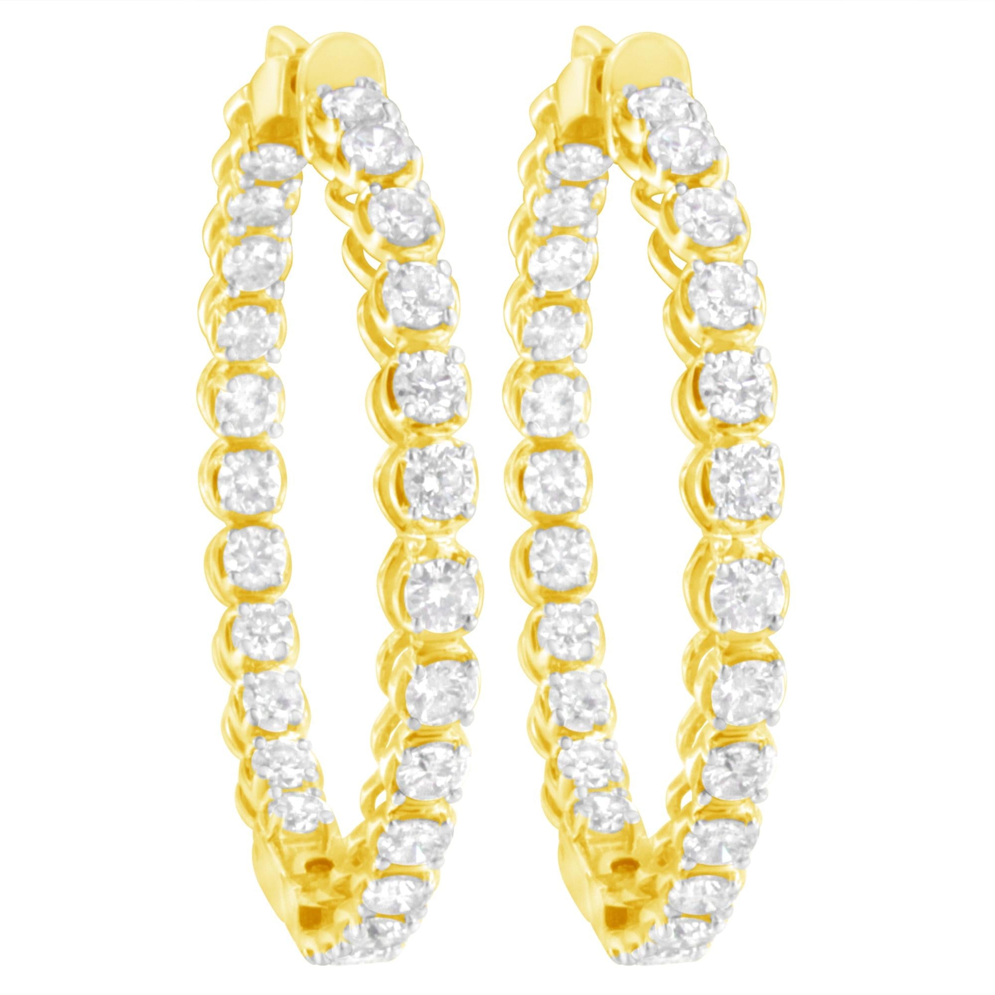 14K Yellow Gold 7.0 Cttw Round Brilliant Cut Diamond 1-¾ Inside Out Hinged Leverback Hoop Earrings (I-J Color, I1-I2 Clarity)