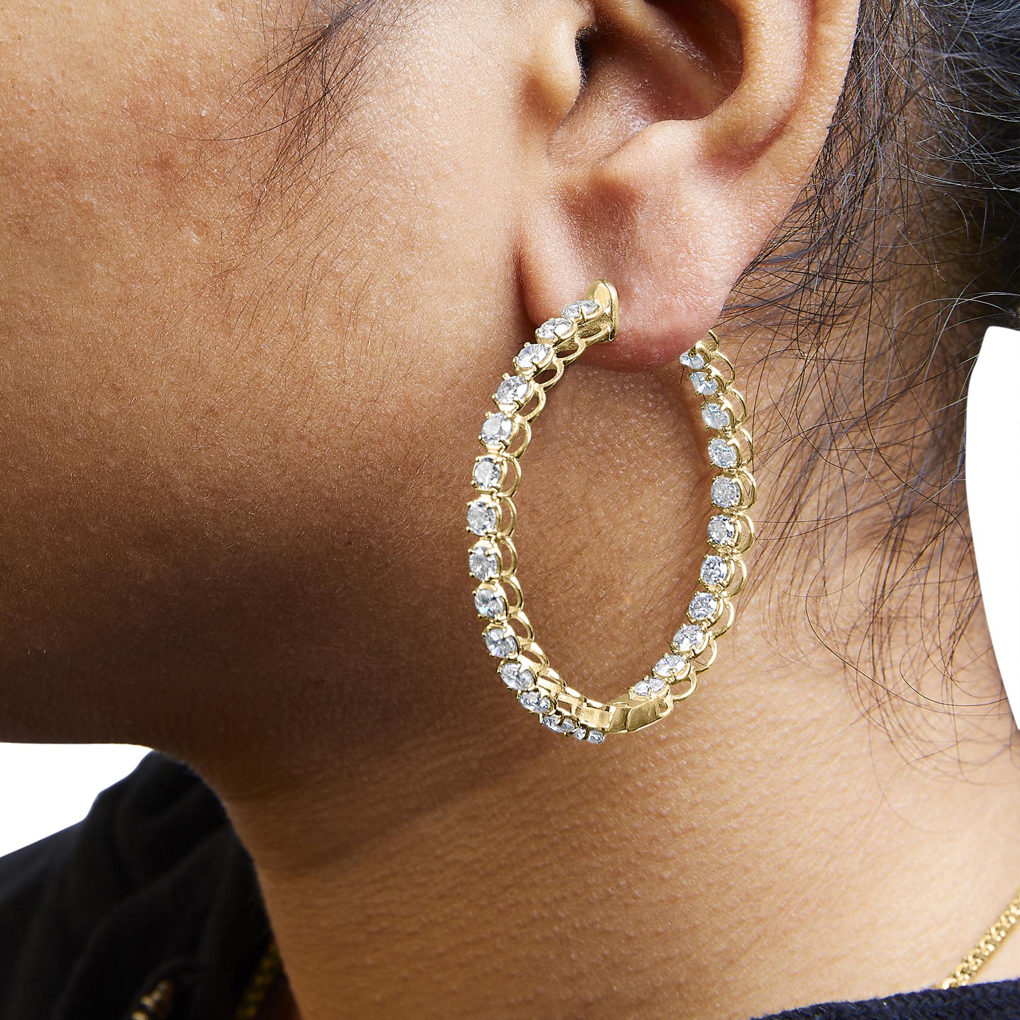 14K Yellow Gold 7.0 Cttw Round Brilliant Cut Diamond 1-¾ Inside Out Hinged Leverback Hoop Earrings (I-J Color, I1-I2 Clarity)