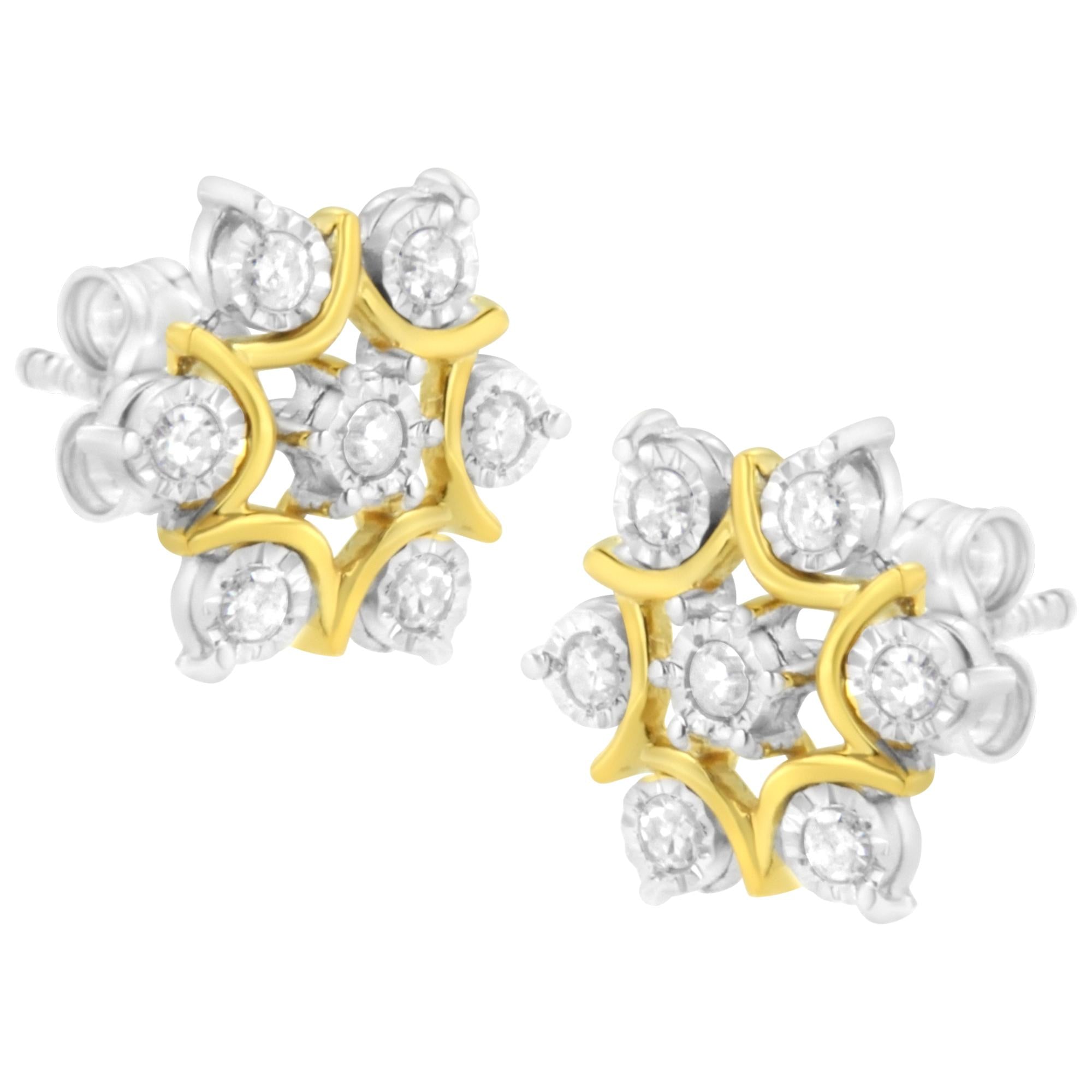 10K Yellow Gold Plated .925 Sterling Silver 1/4 Cttw Miracle Set Round-Cut Diamond Floral Earring (I-J Color, I2-I3 Clarity)