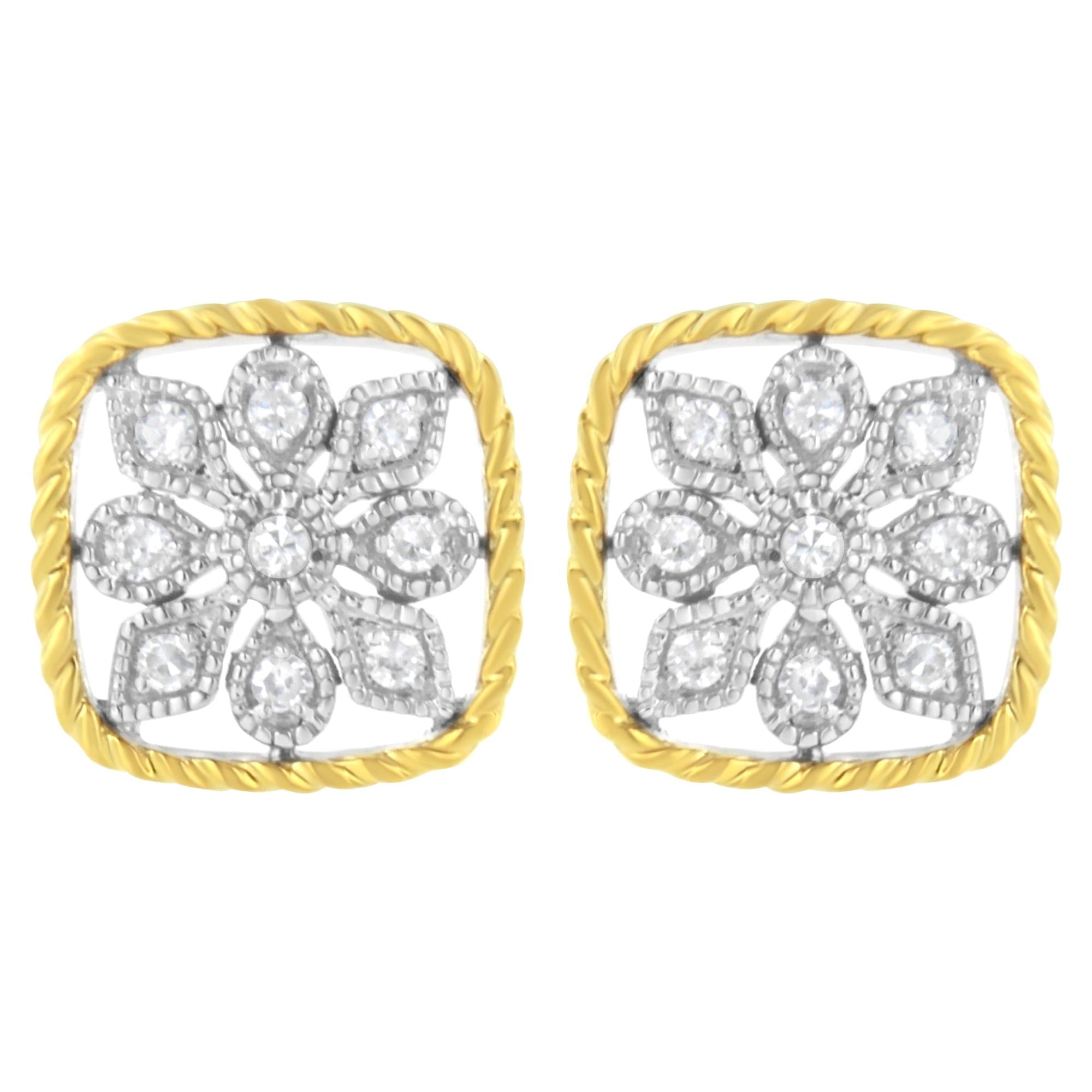 10K Yellow Gold Plated .925 Sterling Silver 1/4 cttw Diamond "Flower in a Box" Stud Earrings (I-J Color, I2-I3 Clarity)