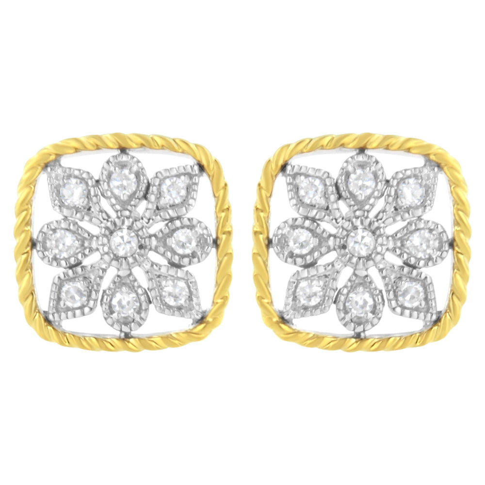 10K Yellow Gold Plated .925 Sterling Silver 1/4 cttw Diamond "Flower in a Box" Stud Earrings (I-J Color, I2-I3 Clarity)