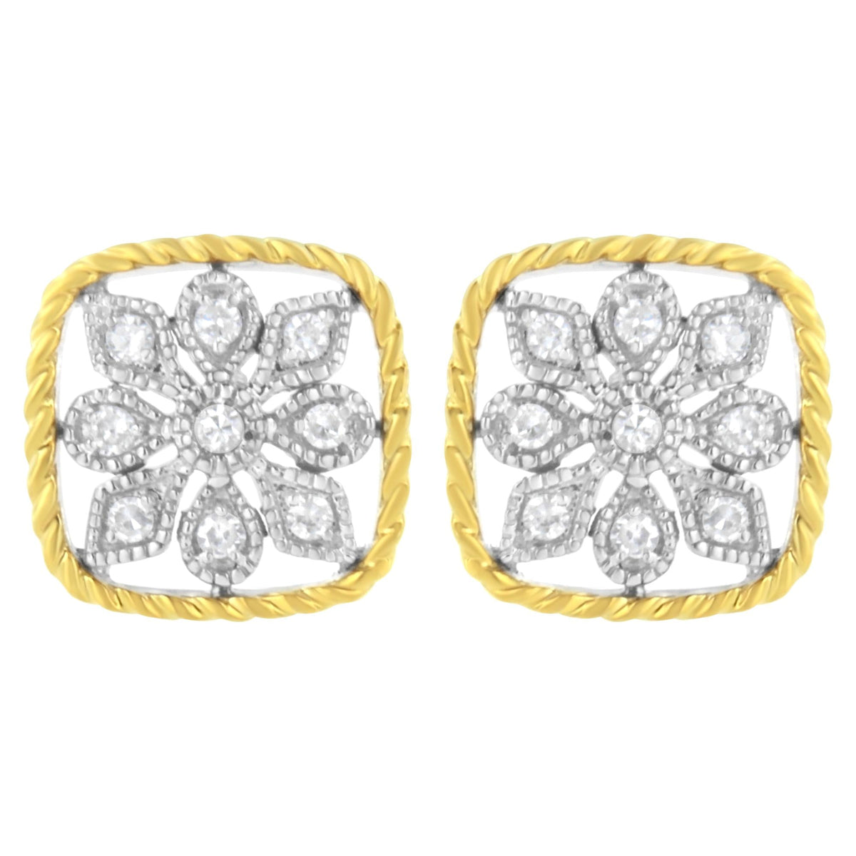 10K Yellow Gold Plated .925 Sterling Silver 1/4 cttw Diamond "Flower in a Box" Stud Earrings (I-J Color, I2-I3 Clarity)